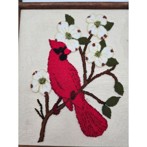 Vintage Handmade Cardinal & Dogwood Punch Needle Art In Wooden Frame - Picture 2 of 10